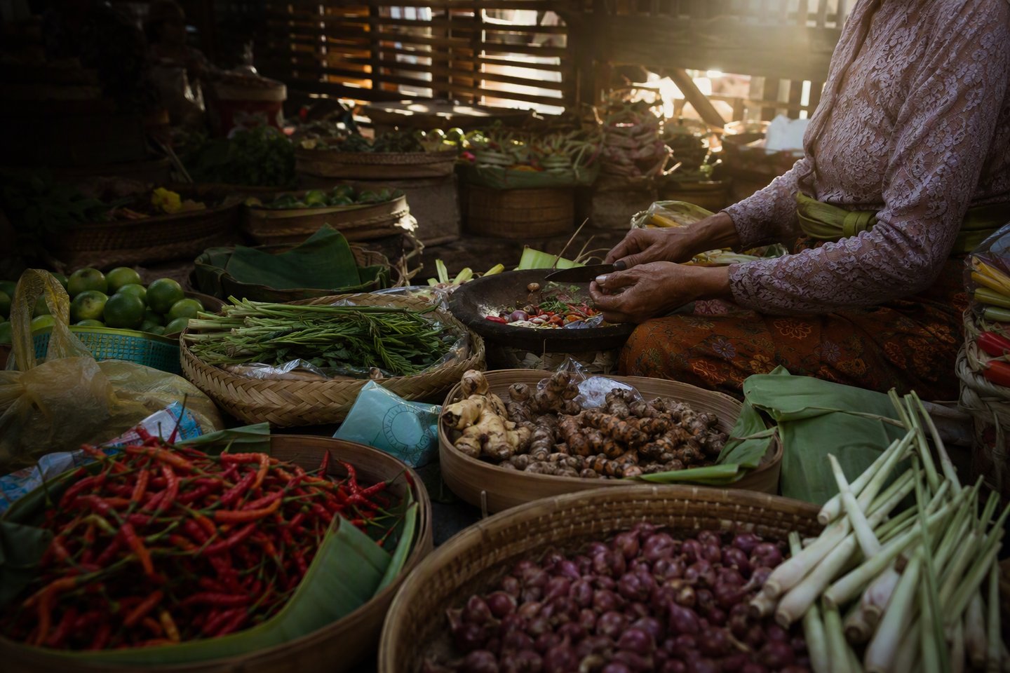 Aneka rempah dan sayur di pasar tradisional Bali