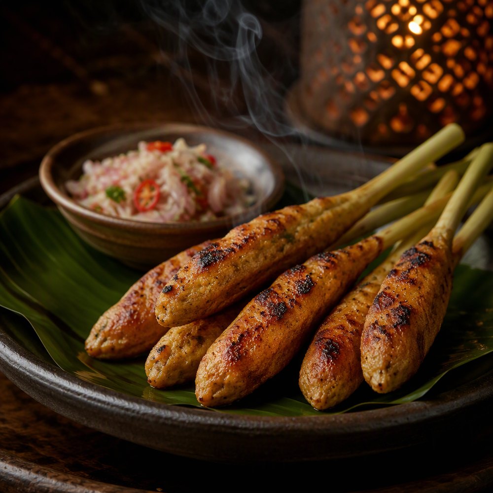 Sate lilit pada tusuk serai dengan sambal matah